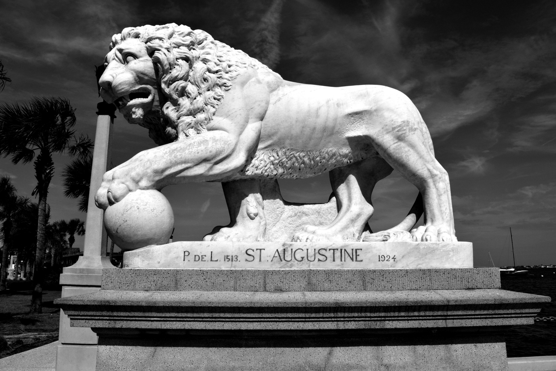 The lion statue at the Bridge of Lions, St. Augustine, Florida — P. de L. 1513 · St. Augustine · 1924