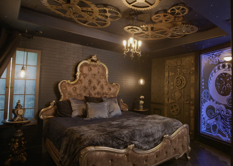 Spectacular Steampunk — gold bed, luxe steampunk bedroom