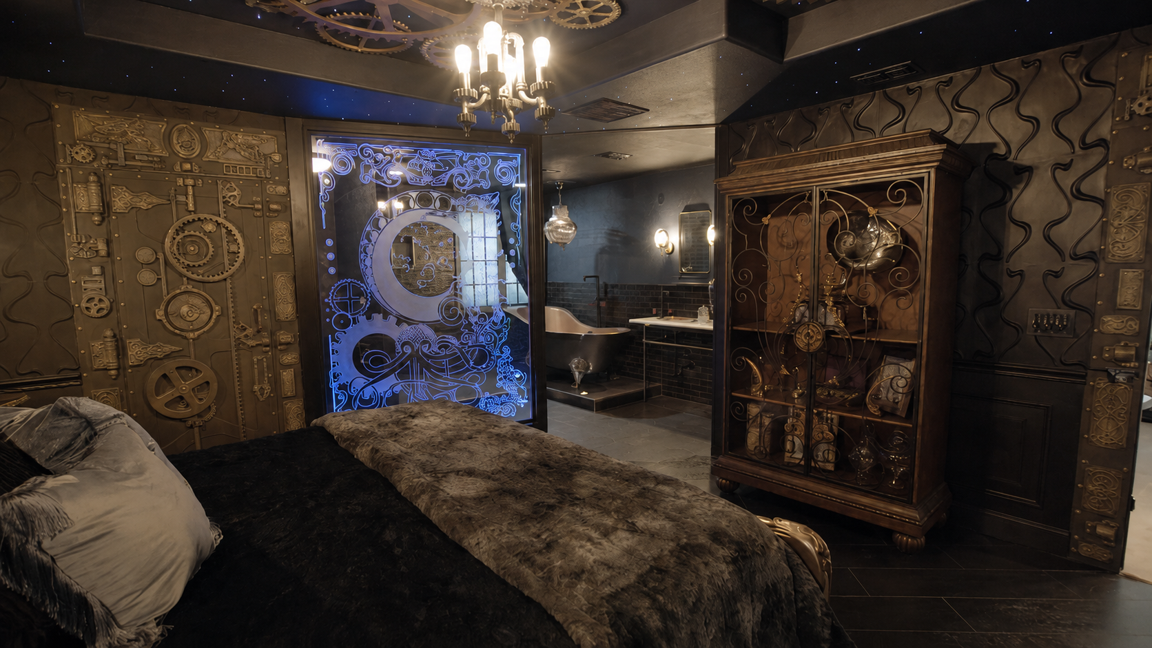 Spectacular Steampunk — wide bedroom, full room context